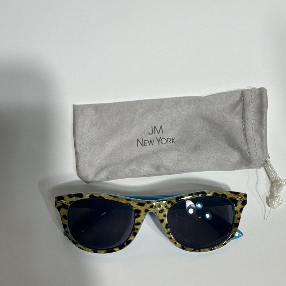 JM New York Women's Cat Eye Sunglasses Blue Animal Print Frame Black Tinted Lens